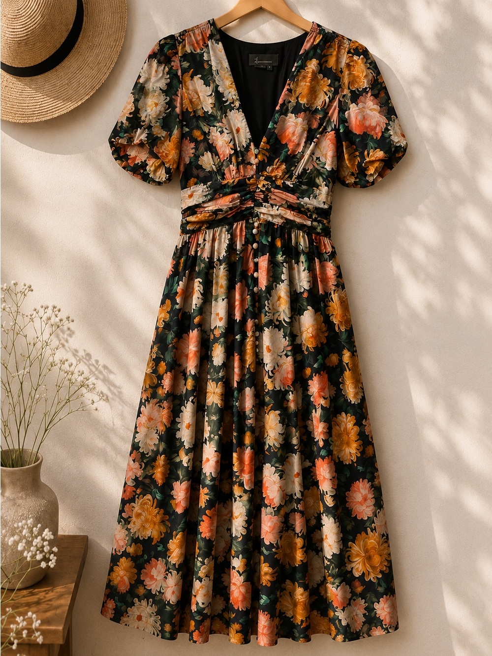 Anthropologie Black Midi Dress with Peach, Gold & Cream Floral Print